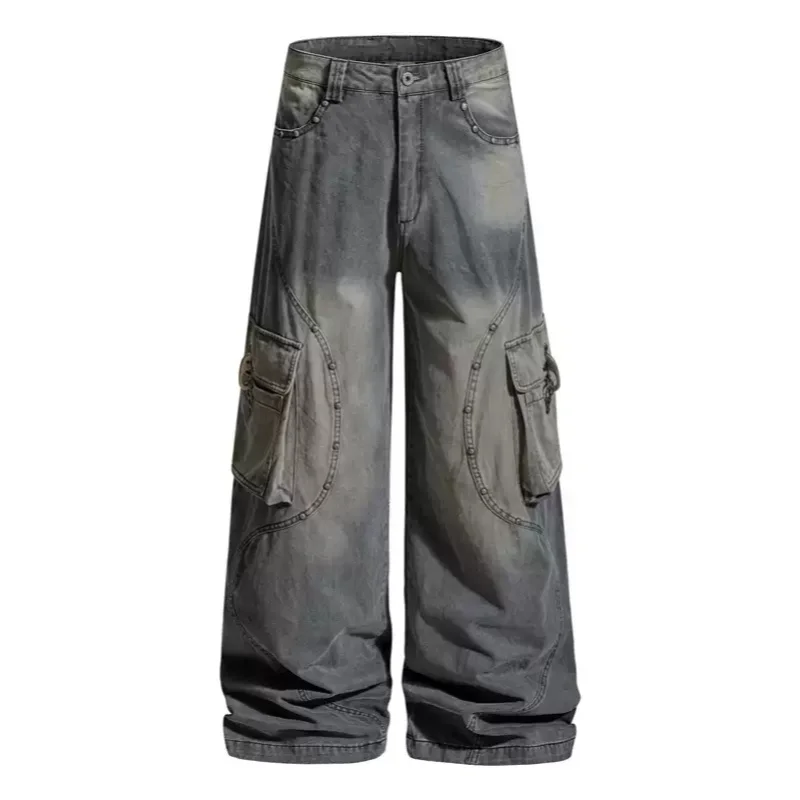

American Style Design Deconstruction High Quality Metal Rivet Washing Distressed Cargo Jeans Plane Buckle Wide Leg Pants