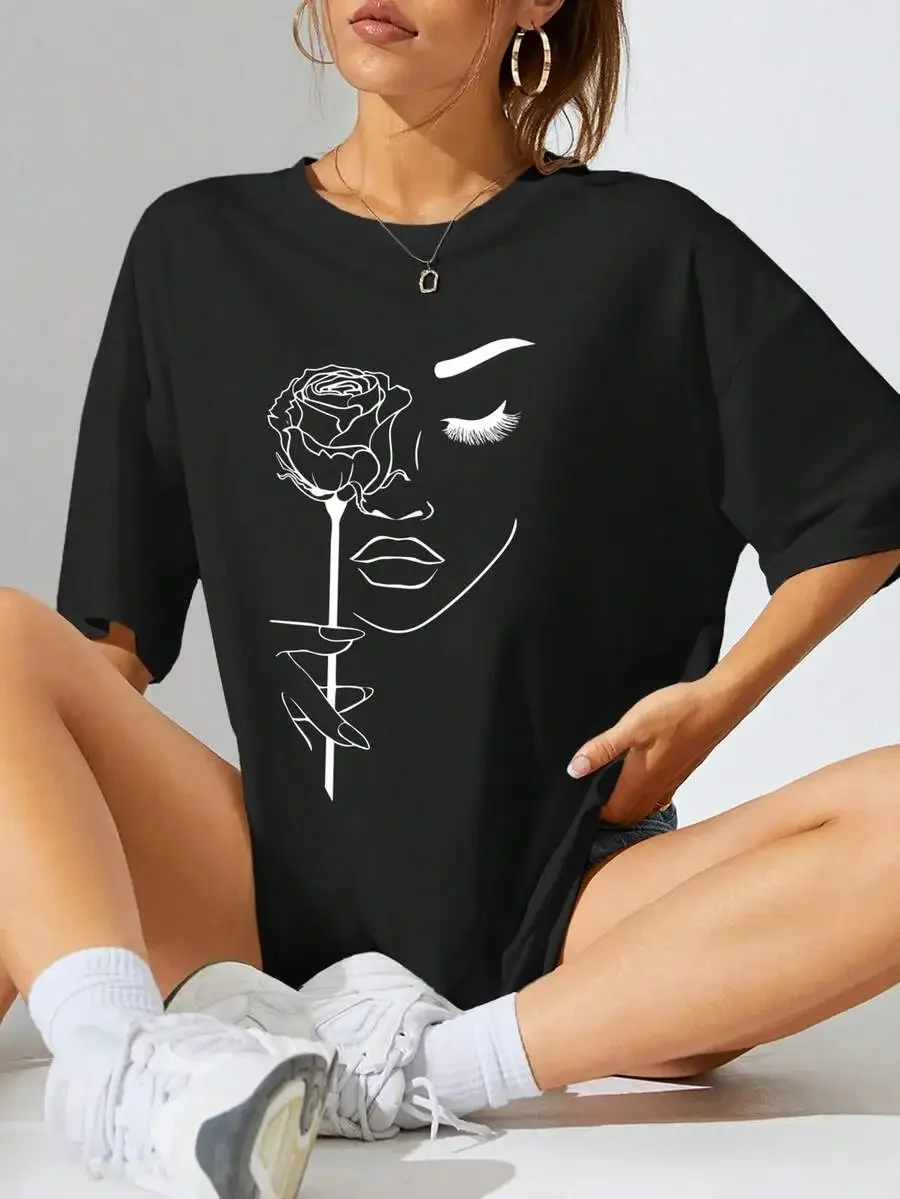 Women's Drop ew Neck T‑Shwer & Abstract Portrait Graphic Print Sion New Casual Summer Women Daily Tops