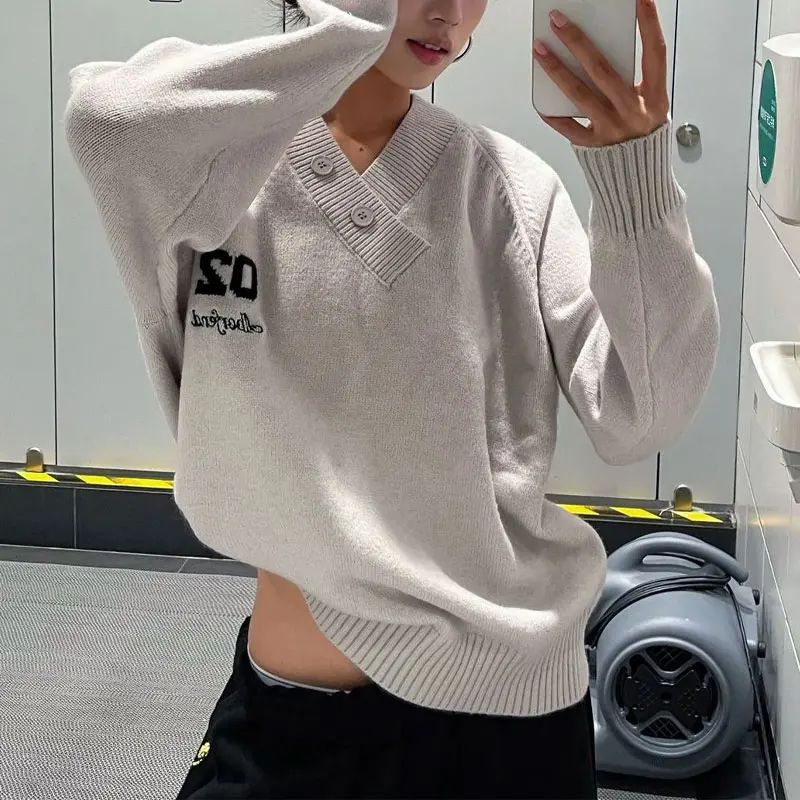 

Винтажные американские свитера с буквами, женская одежда, повседневные модные вязаные пуловеры с v-образным вырезом и пуговицами на осень-зиму с длинными рукавами