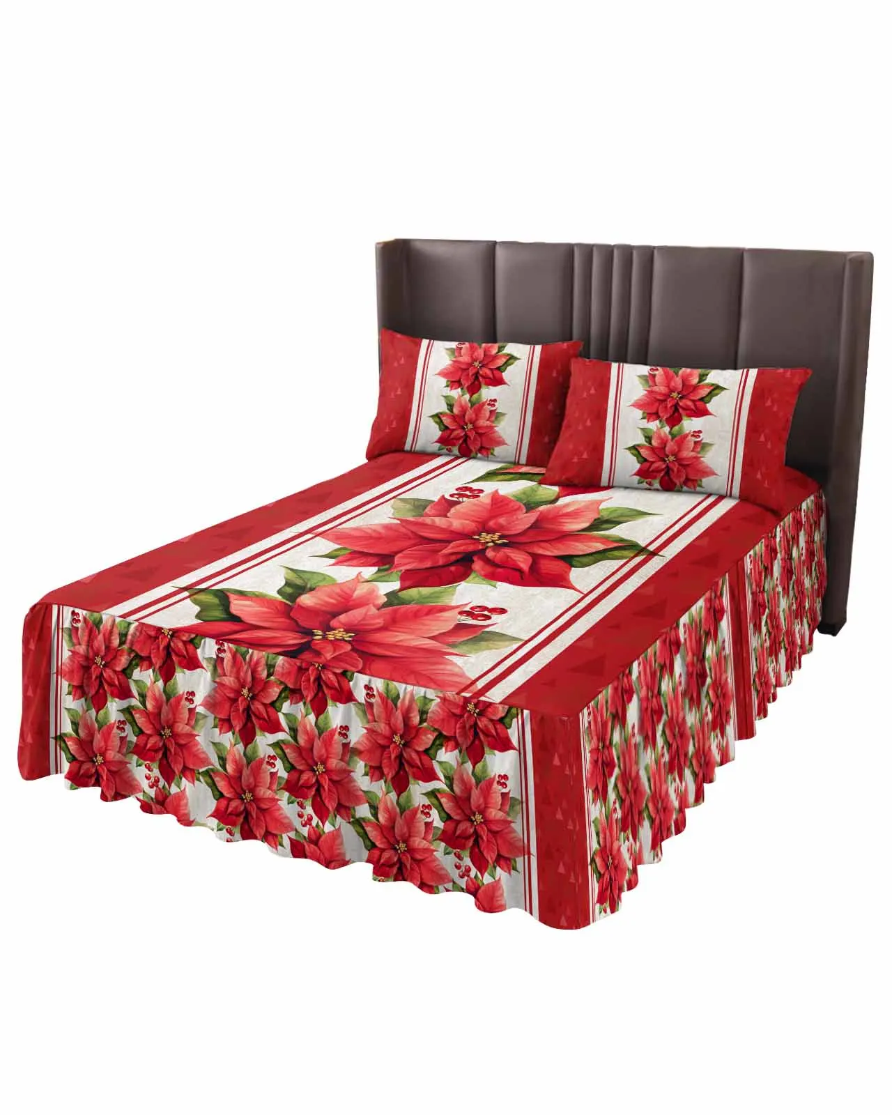 Christmas Tree Flowers Skirt Elastic Fitted Bedspread With Pillowcases Mattress Cover Bedding Set Bed Sheet