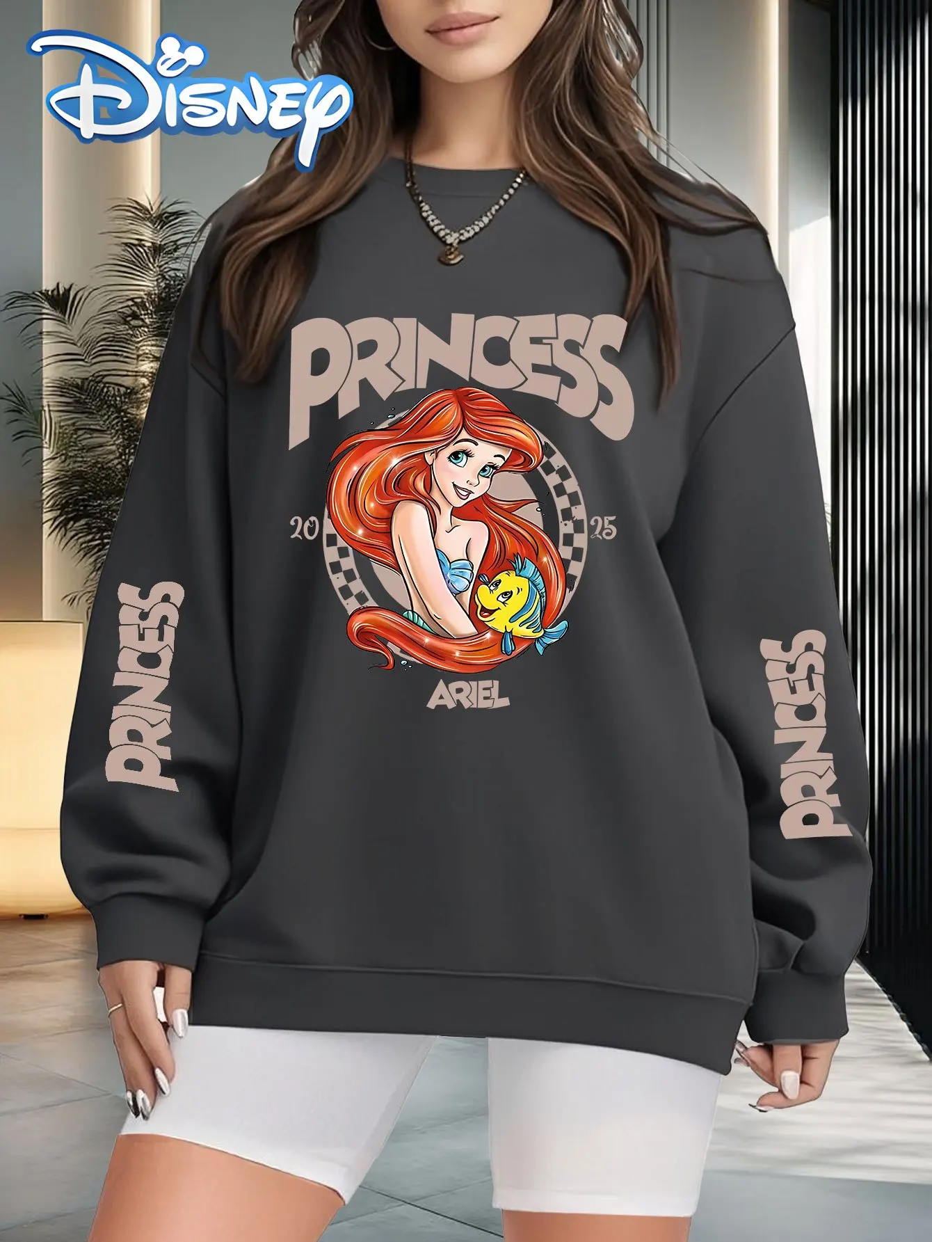 Disney Princess for Ariel Flounder Graphic Print Women's Oversized Sweatshirt Vibrant Pink Casual Round Neck Pullover