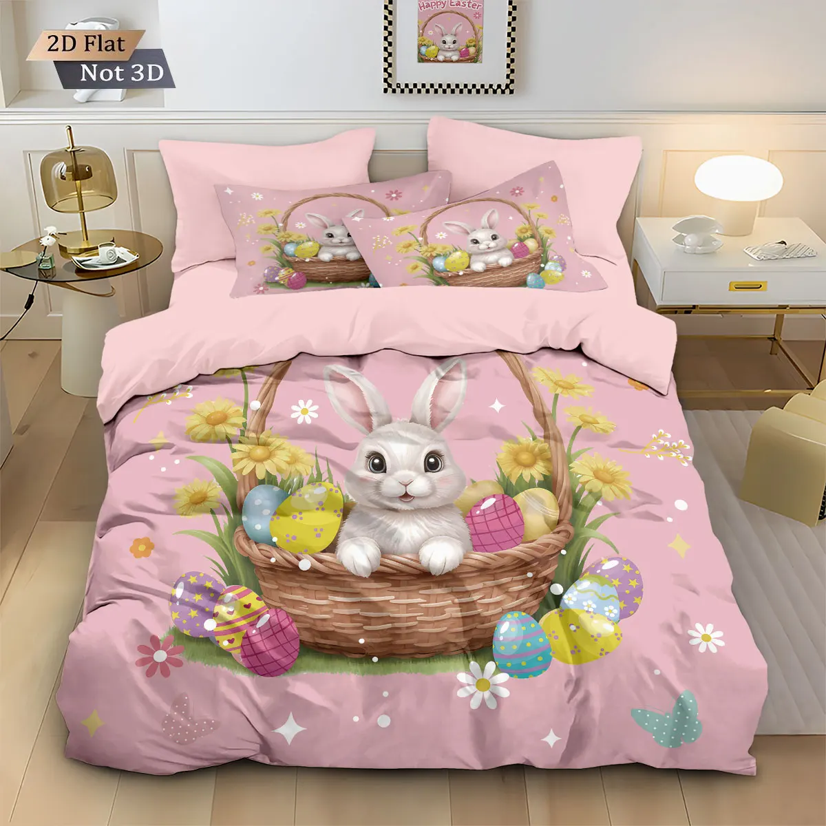 3pcs Easter Cute Rabbit Easter Egg Printed Core Free Down Duvet Cover Set Multi Size Bedding Decoration Machine Washable