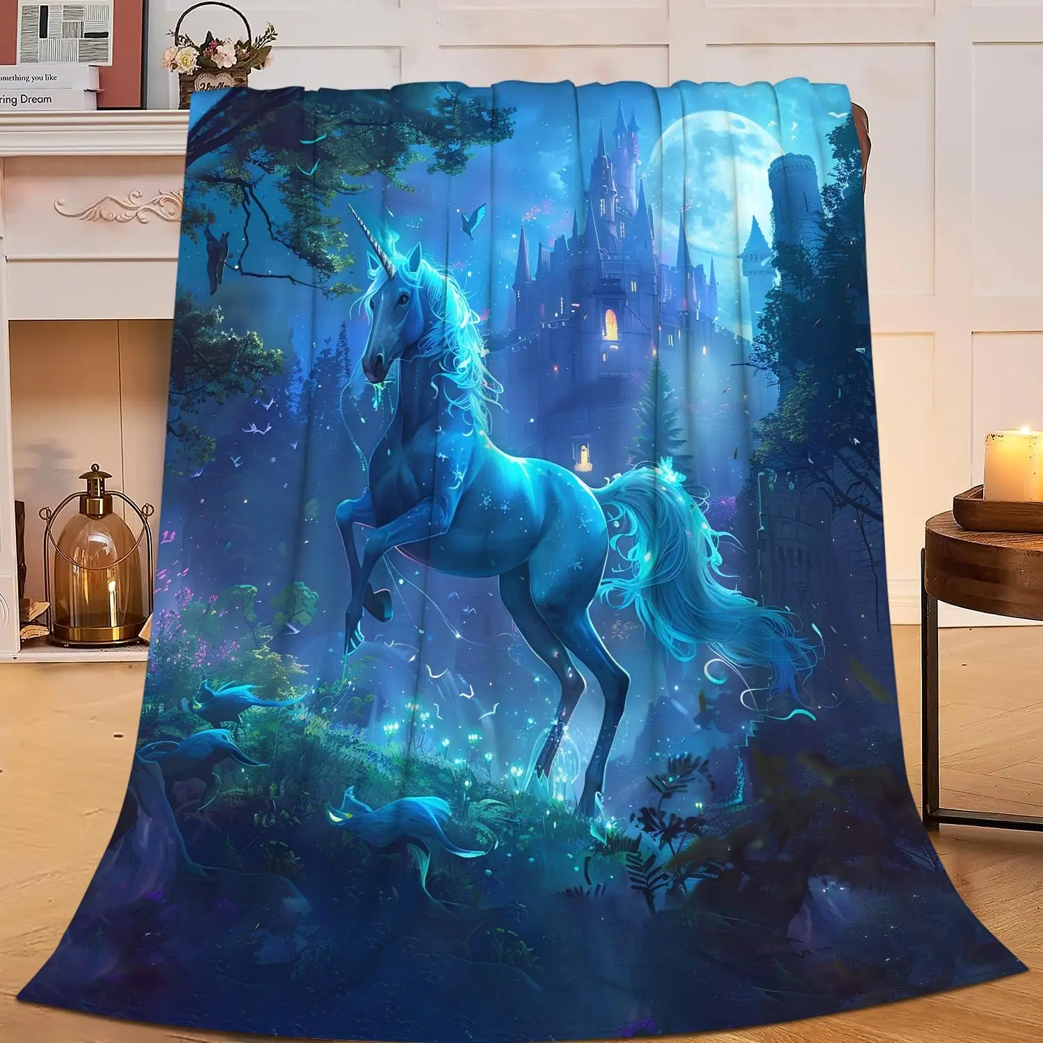 Glowing Blue Unicorn Moon Castle Magic Night Forest Flannel Throw Blanket, Soft Warm Sofa Cover, Dark Fantasy Bedroom Decor Gift