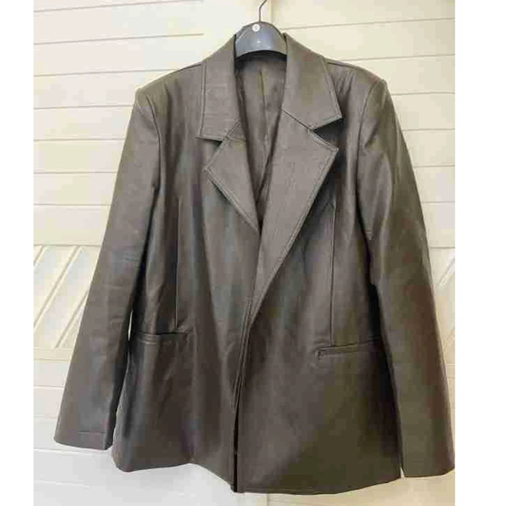 2025 Primavera Nuove Donne DELL'UNITÀ di elaborazione Giacca di Pelle Risvolto Allentato Medio Lungo Solido Nero Marrone Casual Abiti di Pelle Cappotto Dropshiping