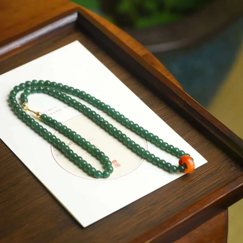 

Натуральный Hetian, русский материал, старый нефрит, шпинат, зеленый, многоразовое ожерелье из бисера 108.