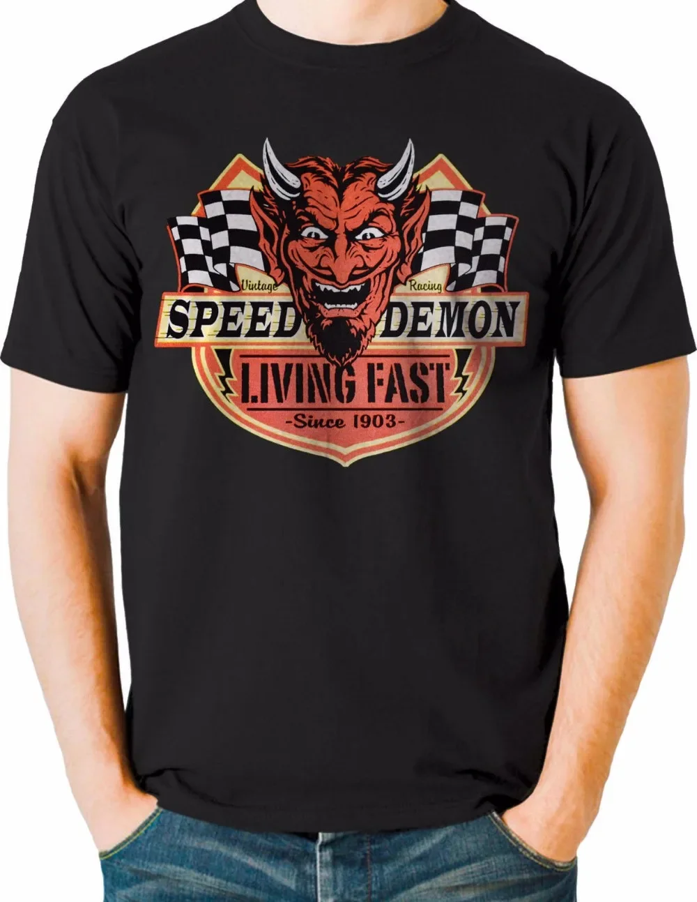 Any Logo T-Shirt Rockabilly Speed Demon Living Fast Devil Face Retro Hot Rod Us Carblack Tee Shirt
