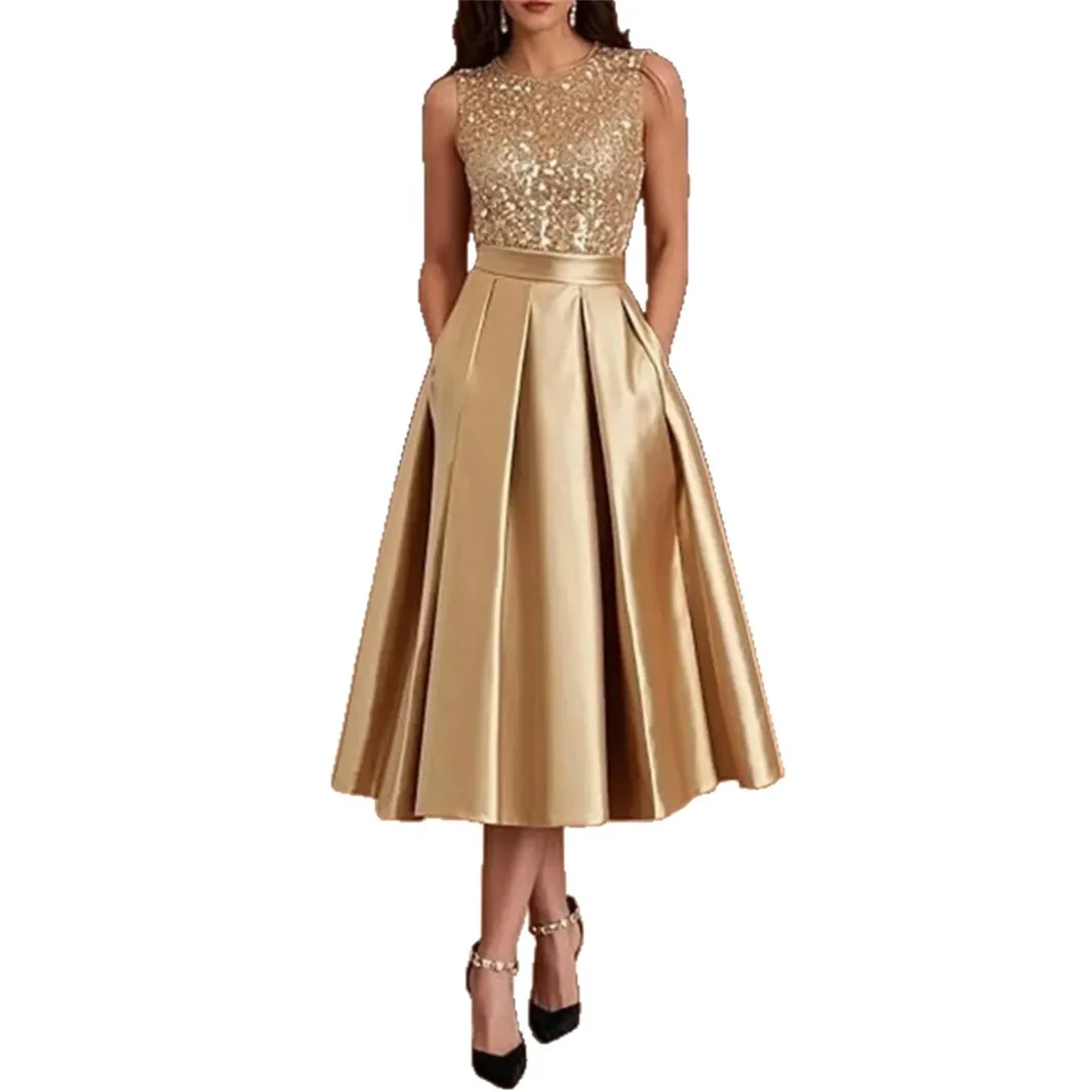 Burgundy Sequin Satin Midi Dress Women Sleeveless Backless Tie Strap A Line Pocket Tea Length Formal Wedding Cocktail Dresses