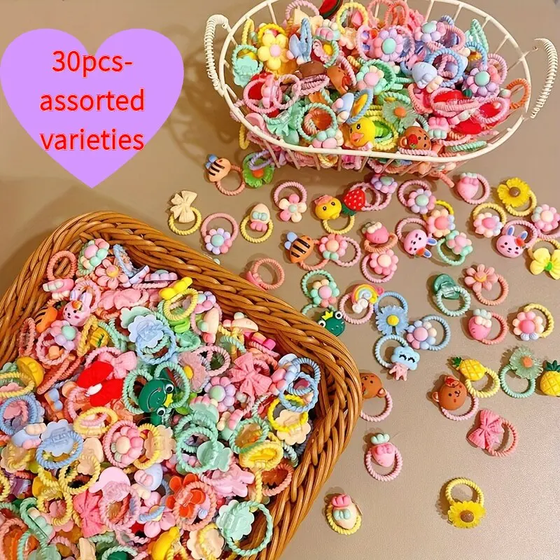 30 Stuks Meisjes Hoge Elastische Haarband Doet Geen Pijn Haar, Cartoon Dieren Bloemen En Fruit Decoratieve Haarband, Decoratief Haar Se