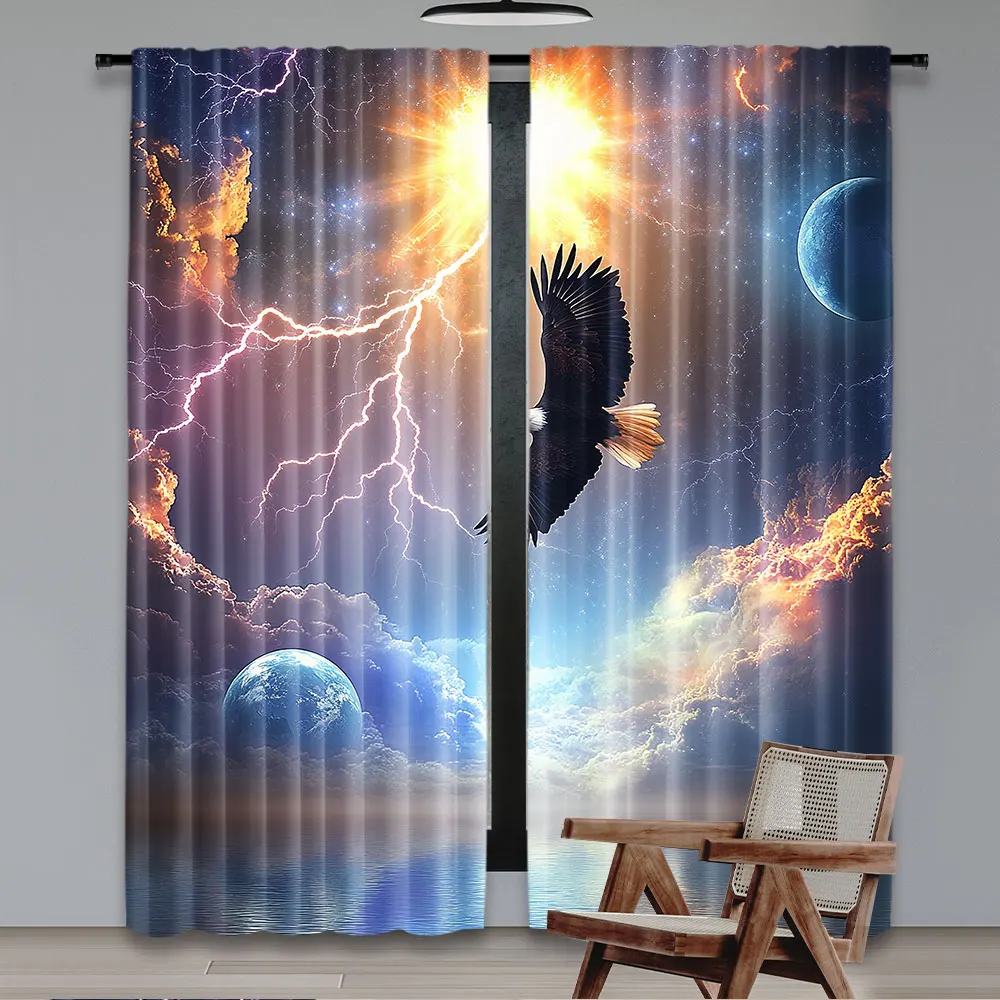 2Pcs Fantasy Curtain Different Sky Celestial Events An Eagle Thunderstorm Clouds Outer Space For Bedroom Living Room And Dining