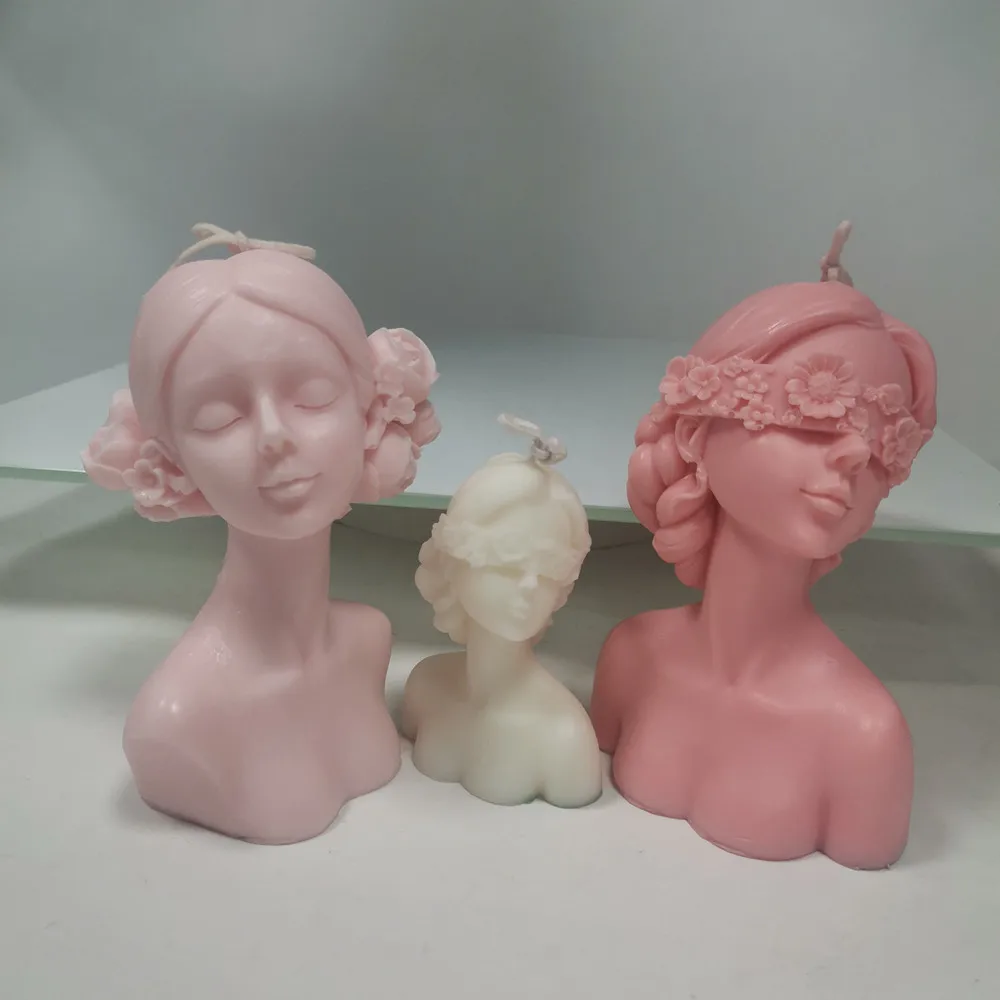 Elegant Closed Eye Girl Candle Mold Blindfolded Woman Portrait Statue Making Home Decor Gift Flower Elf Resin Silicone Mould