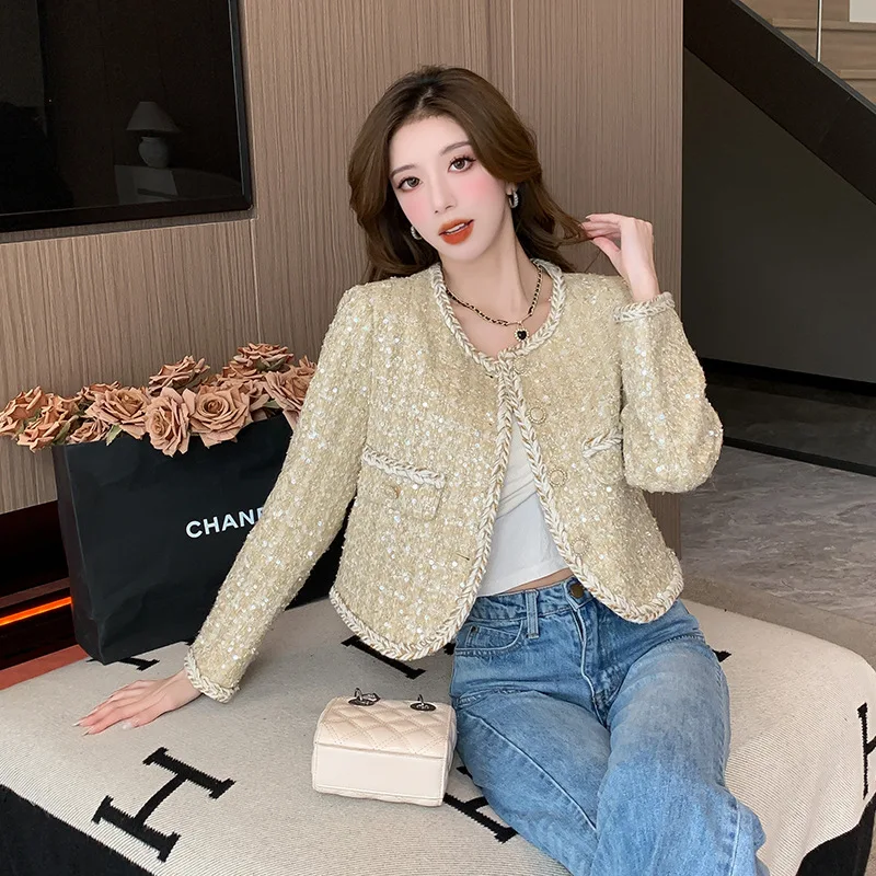 Fall Winter Women's Fragrant Weaving Sequin Tweed Coat French Luxury Pink Apricot Jacket Outwear Chaqueta