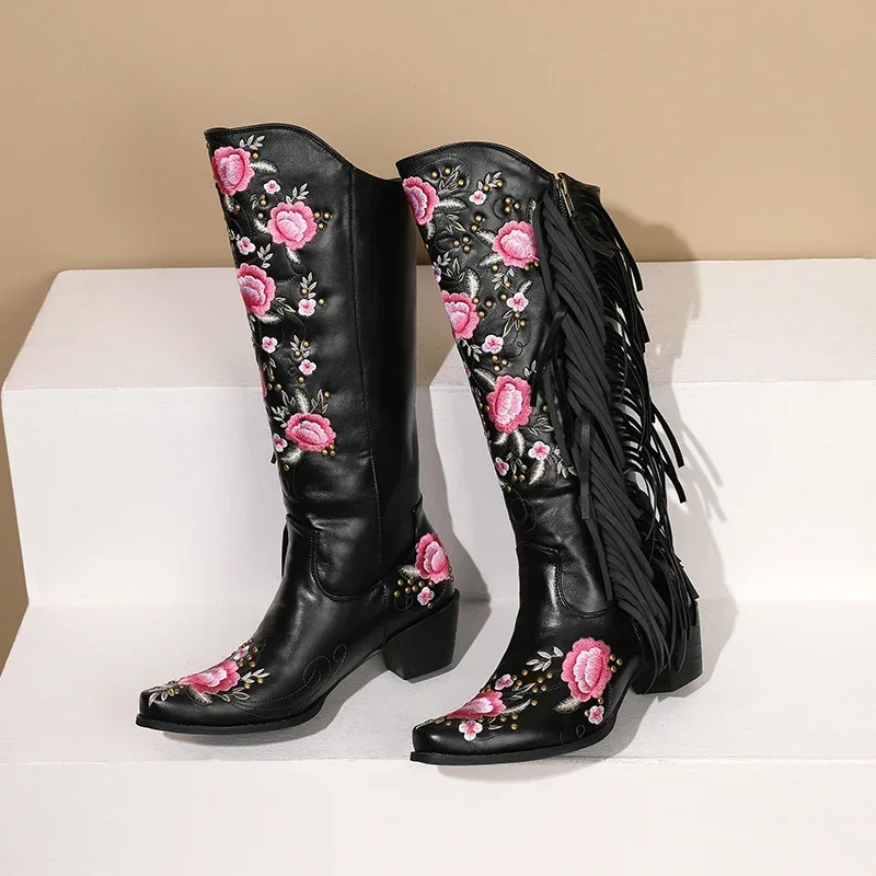 

【ENMAYER】Hot Embroidered Flower Ethnic Style Tassel Boots with Tapered Thick Heels Plush Inner Zip for Women's Knee Length Boots