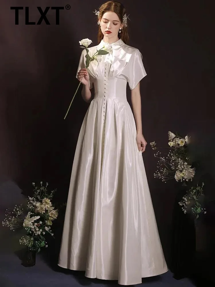 

TLIT fashion women's Elegant Dress solid Lapel Single Button Short Sleeve Split Long Evening Party Dresses 2026 Spring New