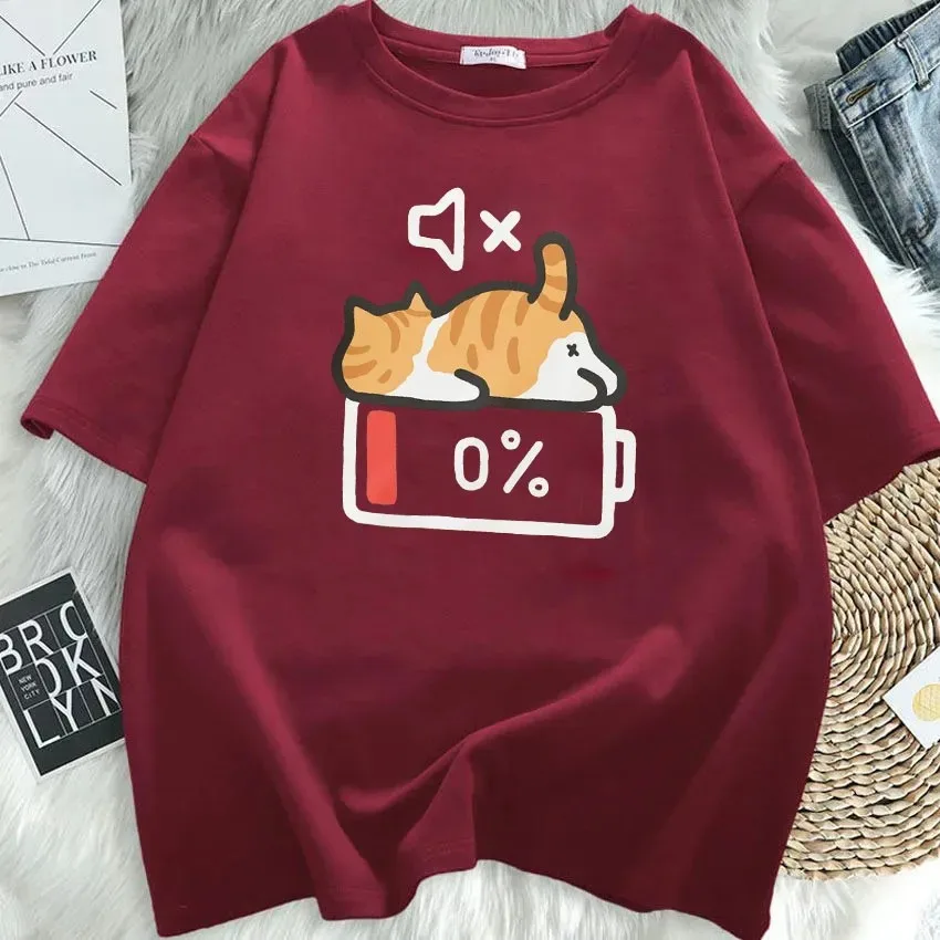 Retro Style Cat Printing Loose Short-sleeved T-shirt Pregnant Woman with Summer Round Neck Top