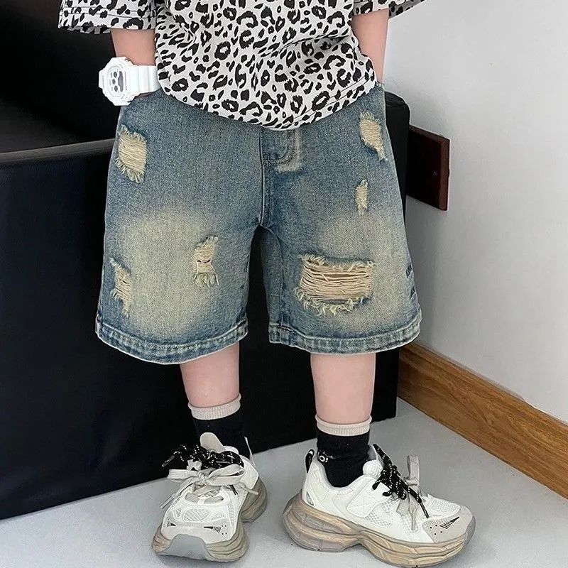 2026 Summer New Boys Denim Shorts Solid Color Fashion Hole Knee Length Jeans Pants For Teen Kids Casual Clothing 2-10 Years 5
