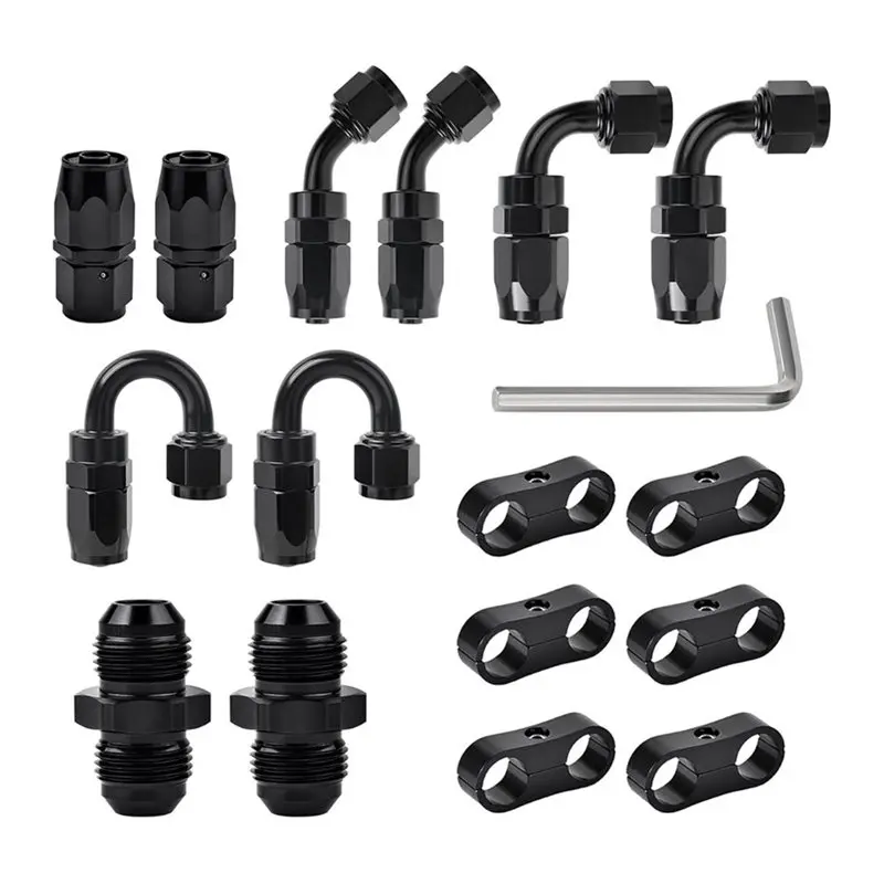 【party-day】straight-45-degree-6an-hose-end-fittings-kit-includes-90-180-degree-an6-male-male-coupler-6an-hose-separator-clamp