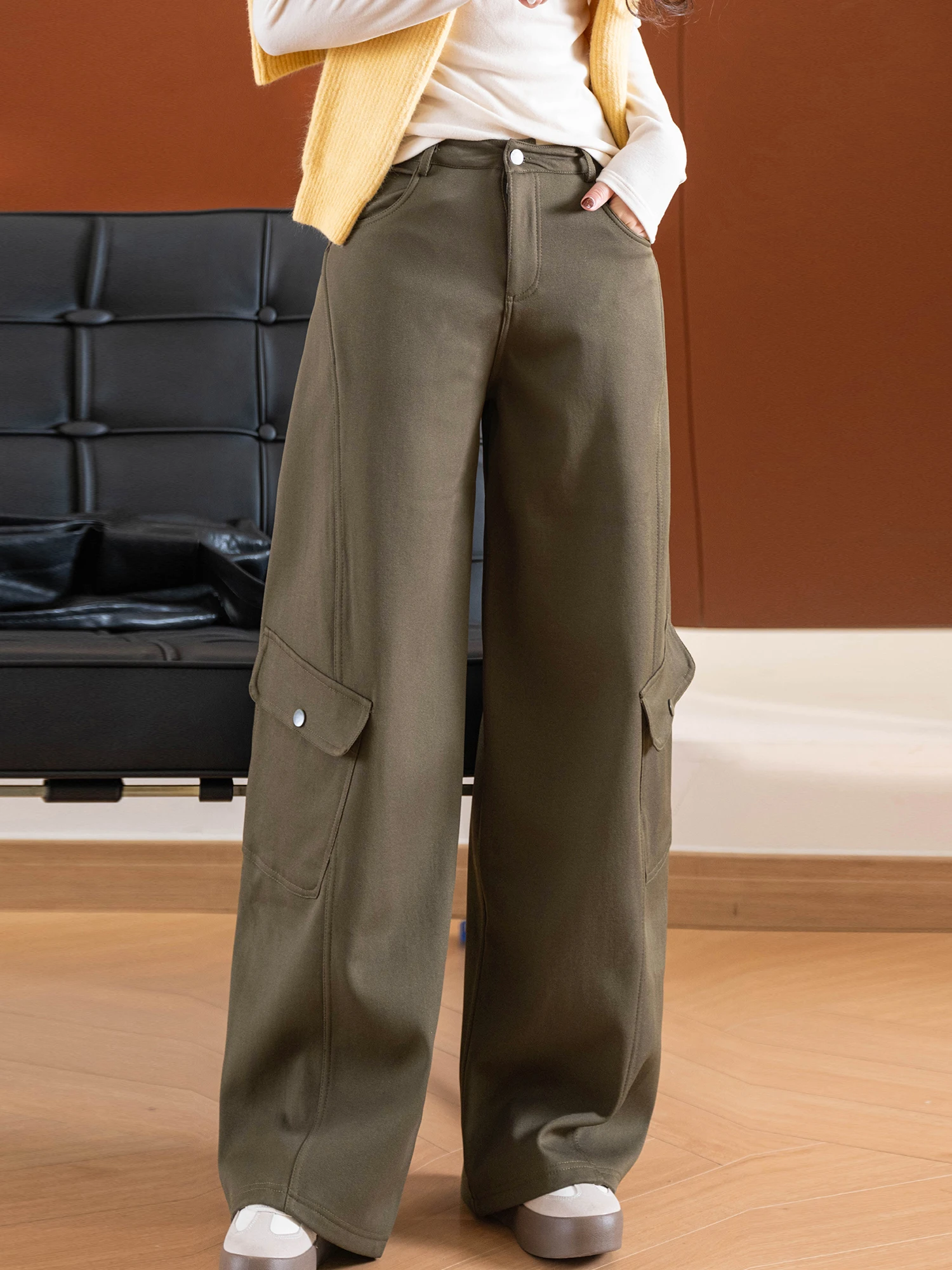 

Брюки рабочие с низкой талией, утепленные флисом, 3D-крой, на одной пуговице, повседневные, с застежкой-молнией на талии, из полиэфирного волокна