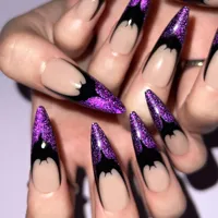 Gothic Bat Shiny Purple Dragon Pattern Red Flame Cross Long Pointed False Nails Halloween Detachable Fake Nails Press on Nail