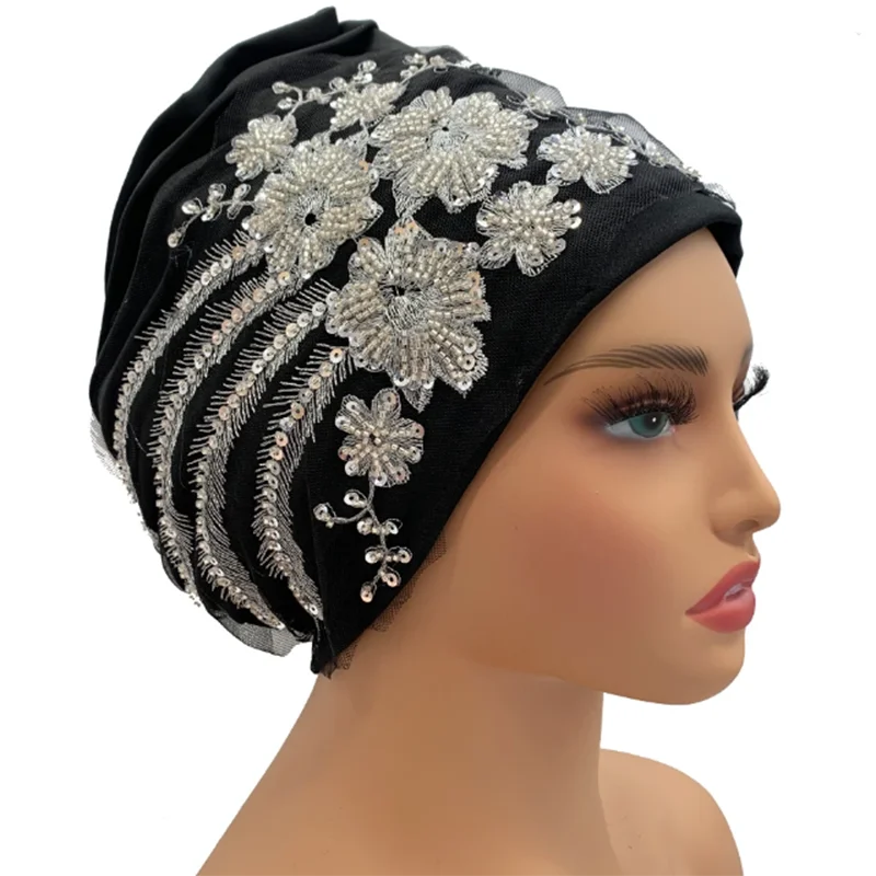 African Female Wrap Head Bonnet Muslim Turban Hat Lady Head Wraps Glitter Luminescence Beading Pleated Turban Cap for Women image 3