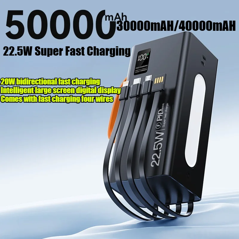 50000mAh 22.5W Super Fast Charging Power Bank with Built-in Cables & LED Display High Capacity Portable Charger for IPhone 15/14