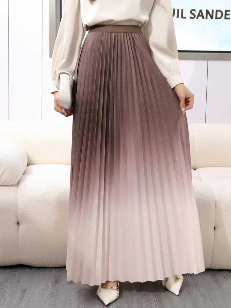 Floor-Length Long Pleated Skirt Women Gradient Color Lengthen Maxi Skirt Women Casual Patchwork Elegant Skirt Female