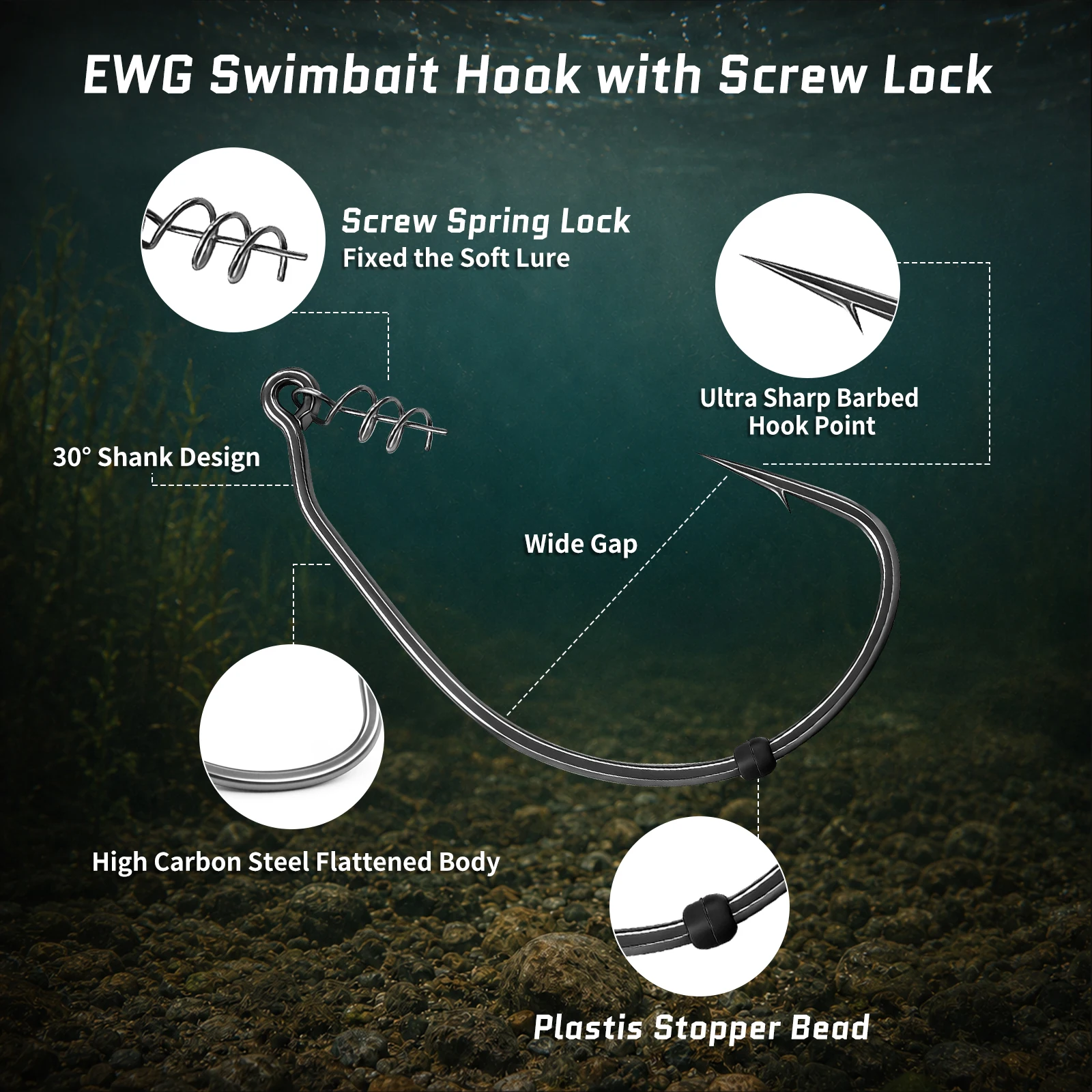 9KM Weedless Swimbait-Haken mit Köderstopper, 25 Stück extra breite EWG-Wurmhaken mit Schraubverschluss-Köderhalter für Bass-Angeln – Detail 2