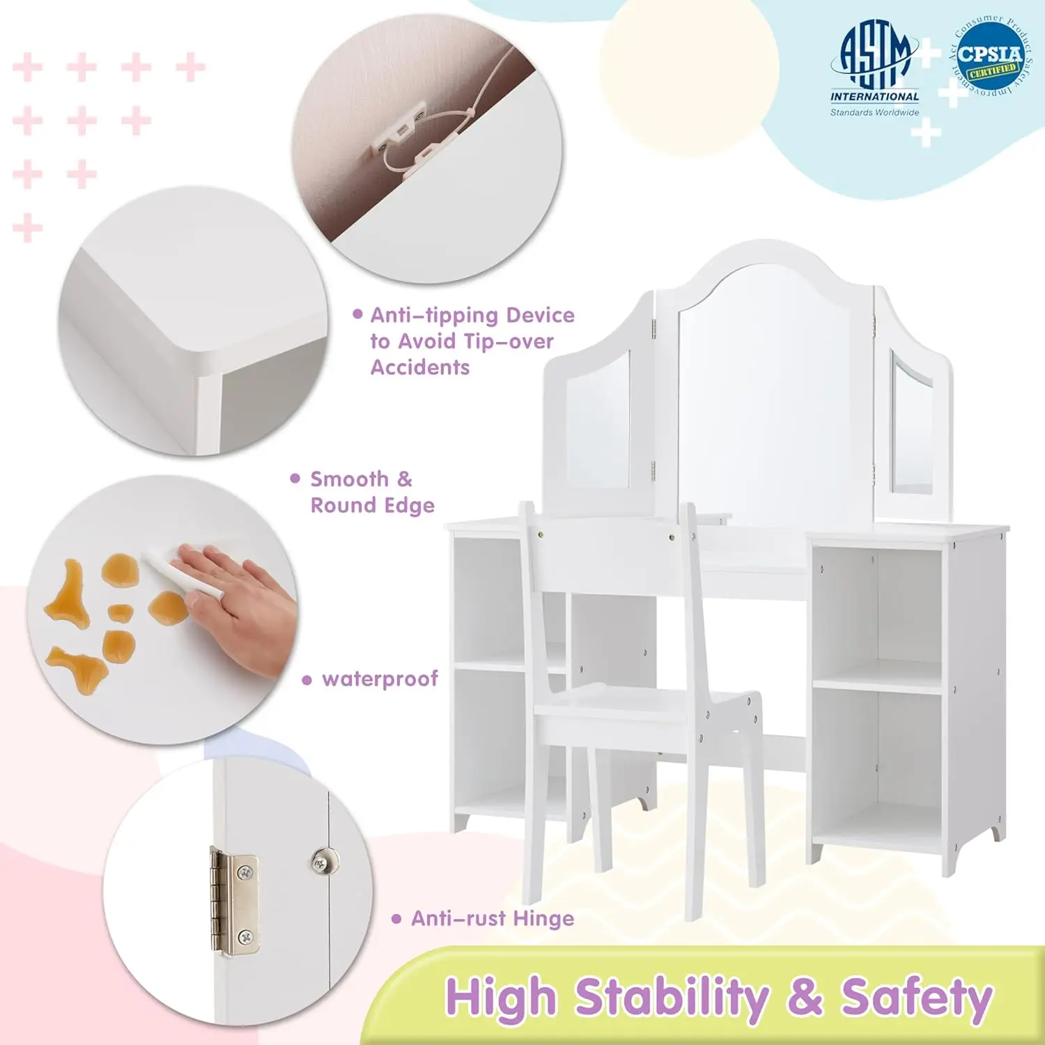 Conjunto de vaidade, armário de armazenamento de vaidade de maquiagem princesa com tampo removível, conjunto de vaidade para meninas com espelho triplo, conjunto de vaidade infantil w