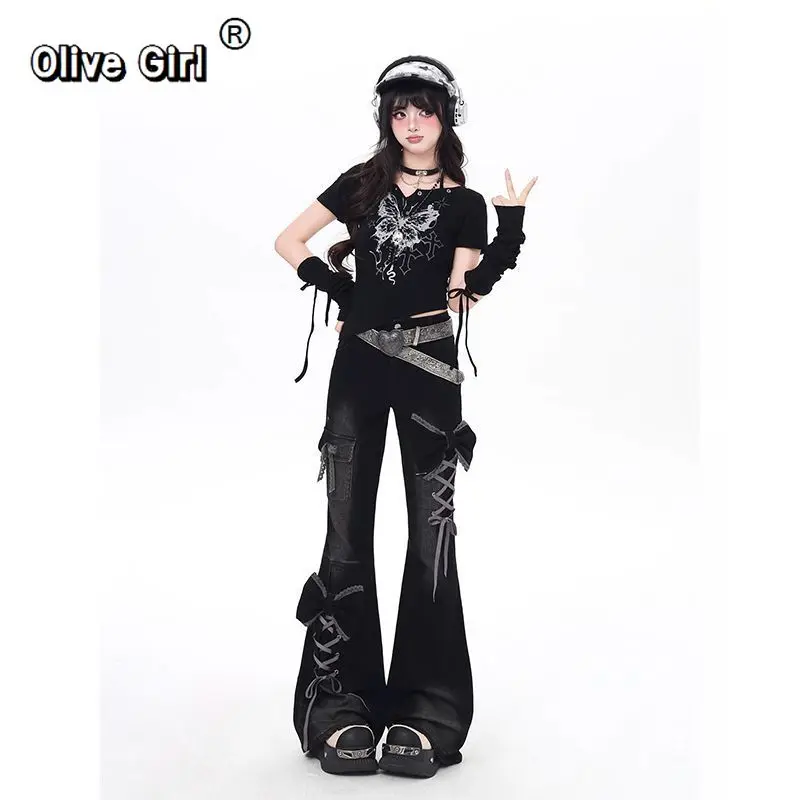 Olivegirl Denim Flared Jeans Plus Size Harajuku American Retro Black Bow Lace Jean Y2K Women's Trousers Spring Bell Bottom Pant