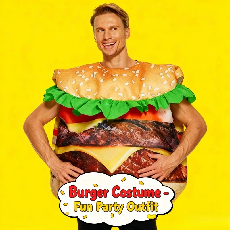 زي أداء حفلة عيد الميلاد الجديد لعام 2025، زي أداء للبالغين على شكل برجر لحم البقر
