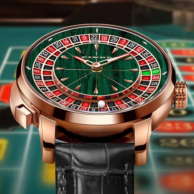 PINDU New Watches European Button Roulette Fun Game Sapphire Glass NH35A Mechanical Watch Diamond Dial Leather Men's Watch P6628