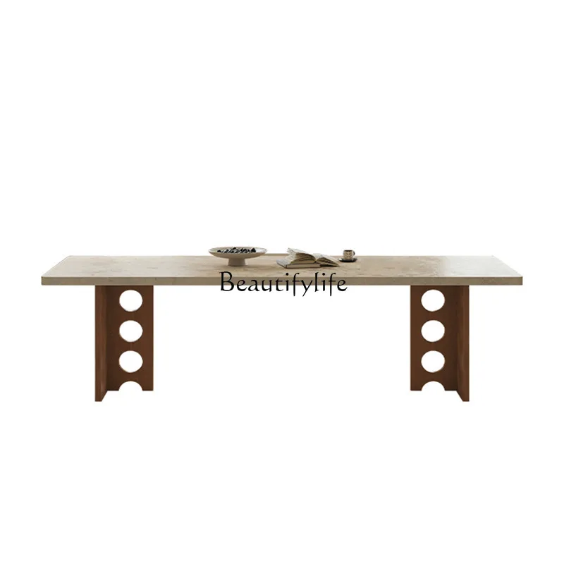 

Medieval solid wood rock slab dining table Small apartment minimalist rectangular hanging dining table