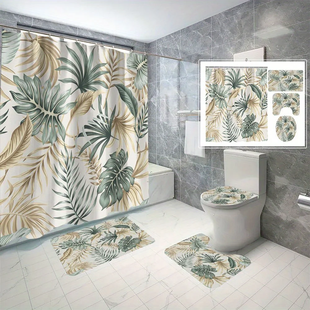 

Набор для ванной комнаты из полиэстера с принтом тропических листьев, состоящий из 4 предметов, водонепроницаемый, можно стирать в машине, с крючками - идеально подходит для всех сезонов