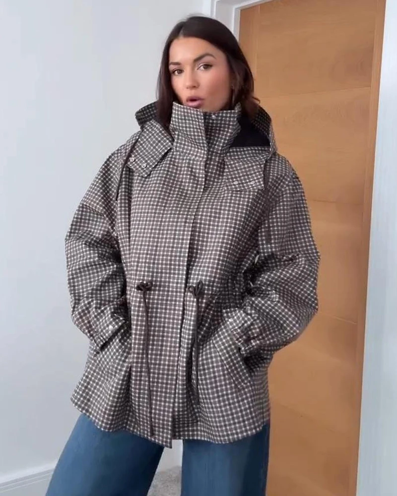 Damenmantel Langarm-Karo-Kapuzenjacke für Frauen 2026 Neue Mode Herbst Winter Lässige Schicke Damen-Oberbekleidung – Detail 1