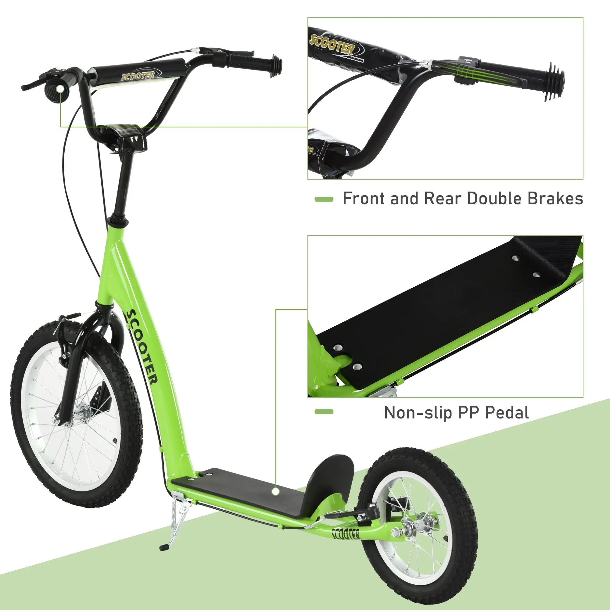 Youth Scooter Kick Scooter for Kids 5+ with Adjustable Handlebar 16" Front and 12" Rear Dual Brakes Inflatable Wheels, Green