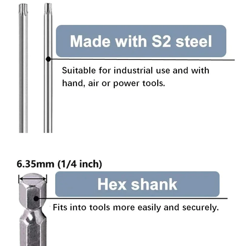 Hex Shank Magnetic Head Torx Screwdriver Alloy Steel Bit 100mm T7/8/9/10/15/20/25/27/30/40 Security Tamper Proof Star