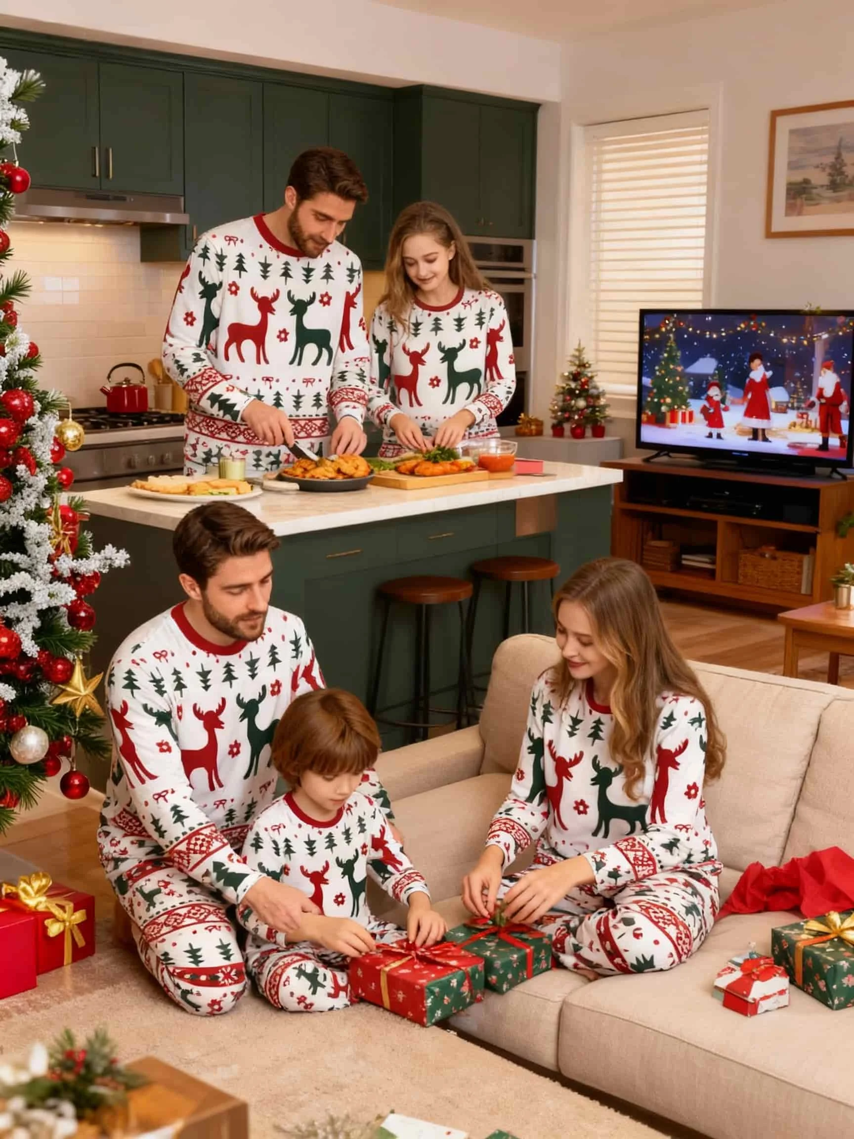 2528-[Men/Women] Couple Style Christmas Pajamas and Loungewear New Year Gift Red and Green Reindeer Print Long-Sleeve Long-Pants Pajama Set for Men or Women, Children's Pajamas, Parent-Child Matching Holiday Loungewear Set