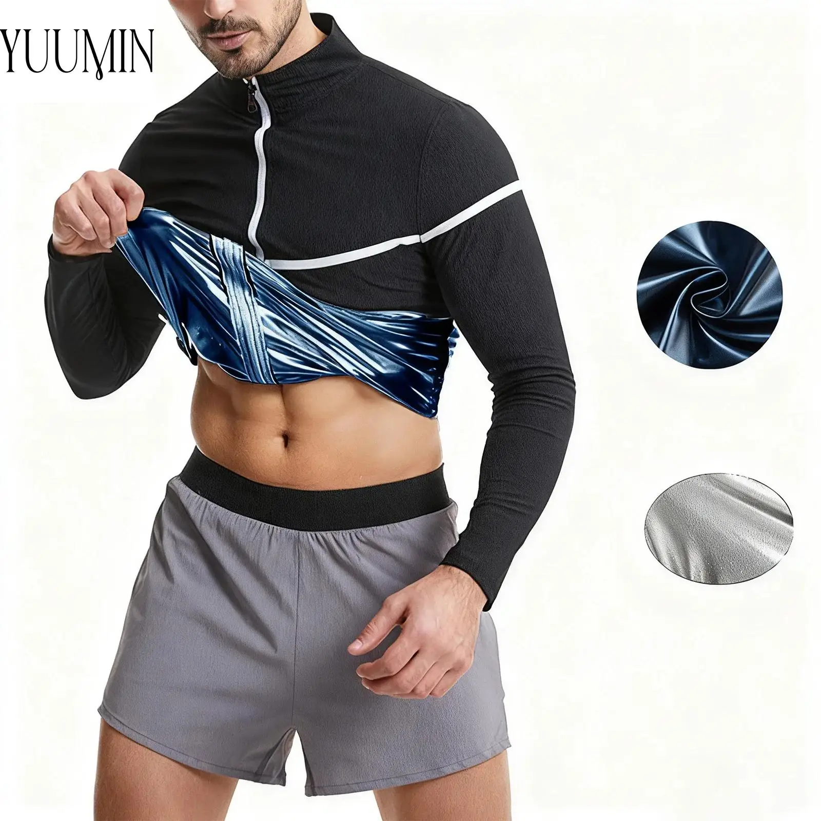 

Mens Sweat Sauna Tops Body Shaper Bodybuilding Workout Sweatshirt Long Sleeve Contrast Color Trim Jacket for Gym Yoga Running