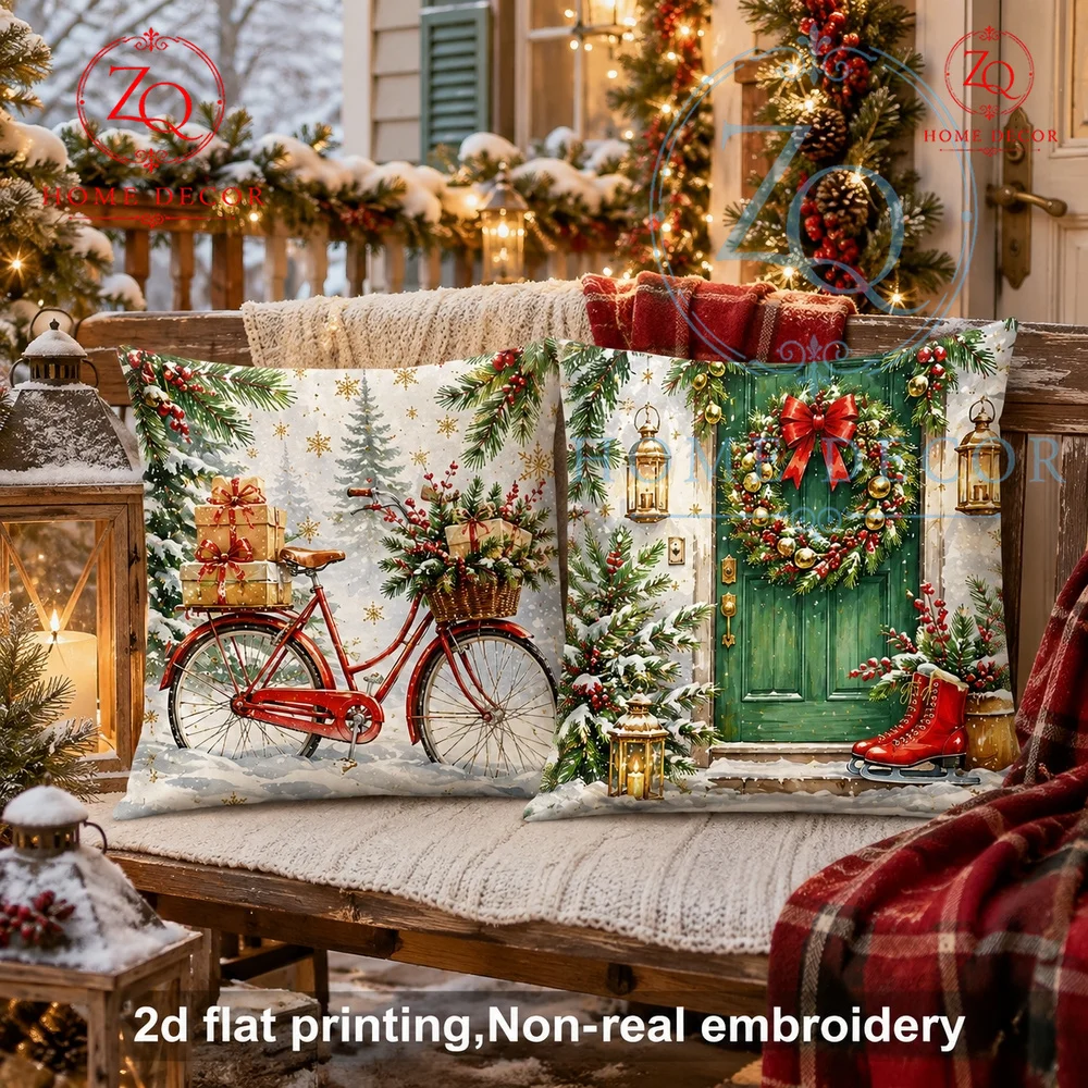 Vintage Christmas Red Bicycle Throw Pillow Cover Winter Snowy Holiday Cushion Case  Farmhouse Xmas Decor