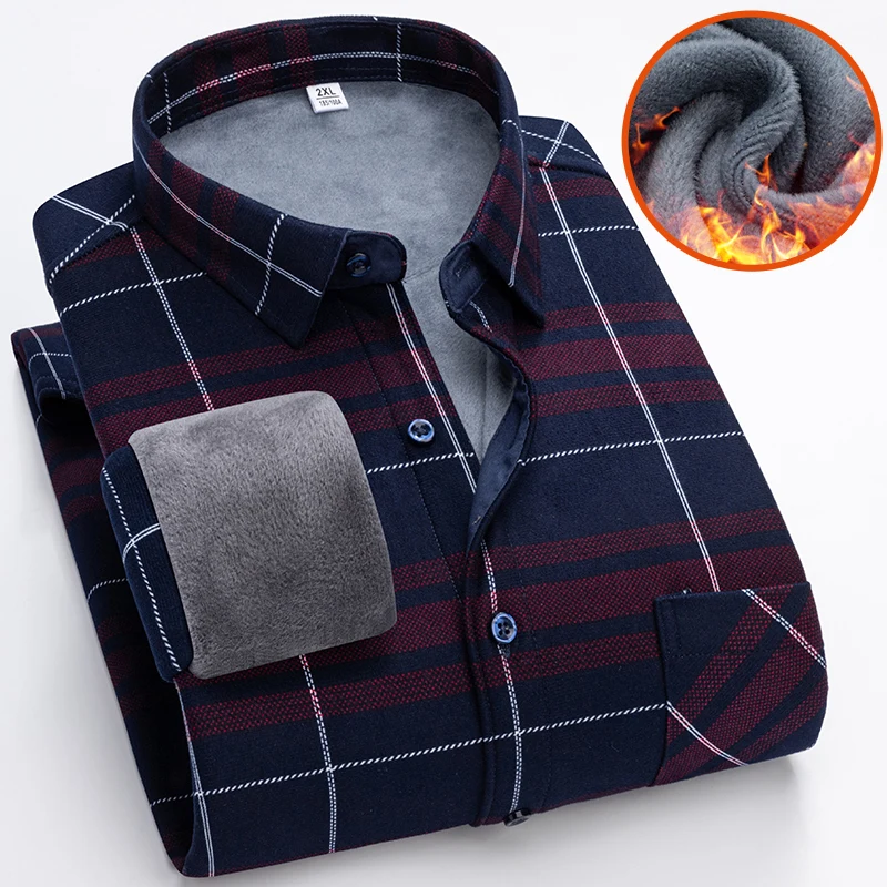 Men Winter Fleece Shirts Male Long Sleeve Casual Plaid Shirts Good Quality Man Thicker Warm Slim Fit Shirts Size L- 5XL