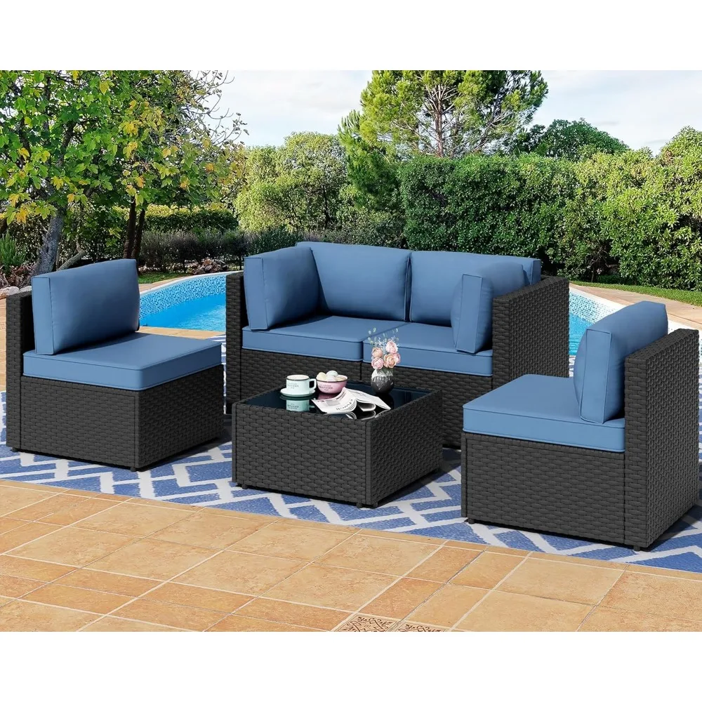

5 Pieces Outdoor Patio Sectional Sofa Couch, Black PE Wicker Furniture Sets, Patio Conversation Sets with Washable Cushions Gla