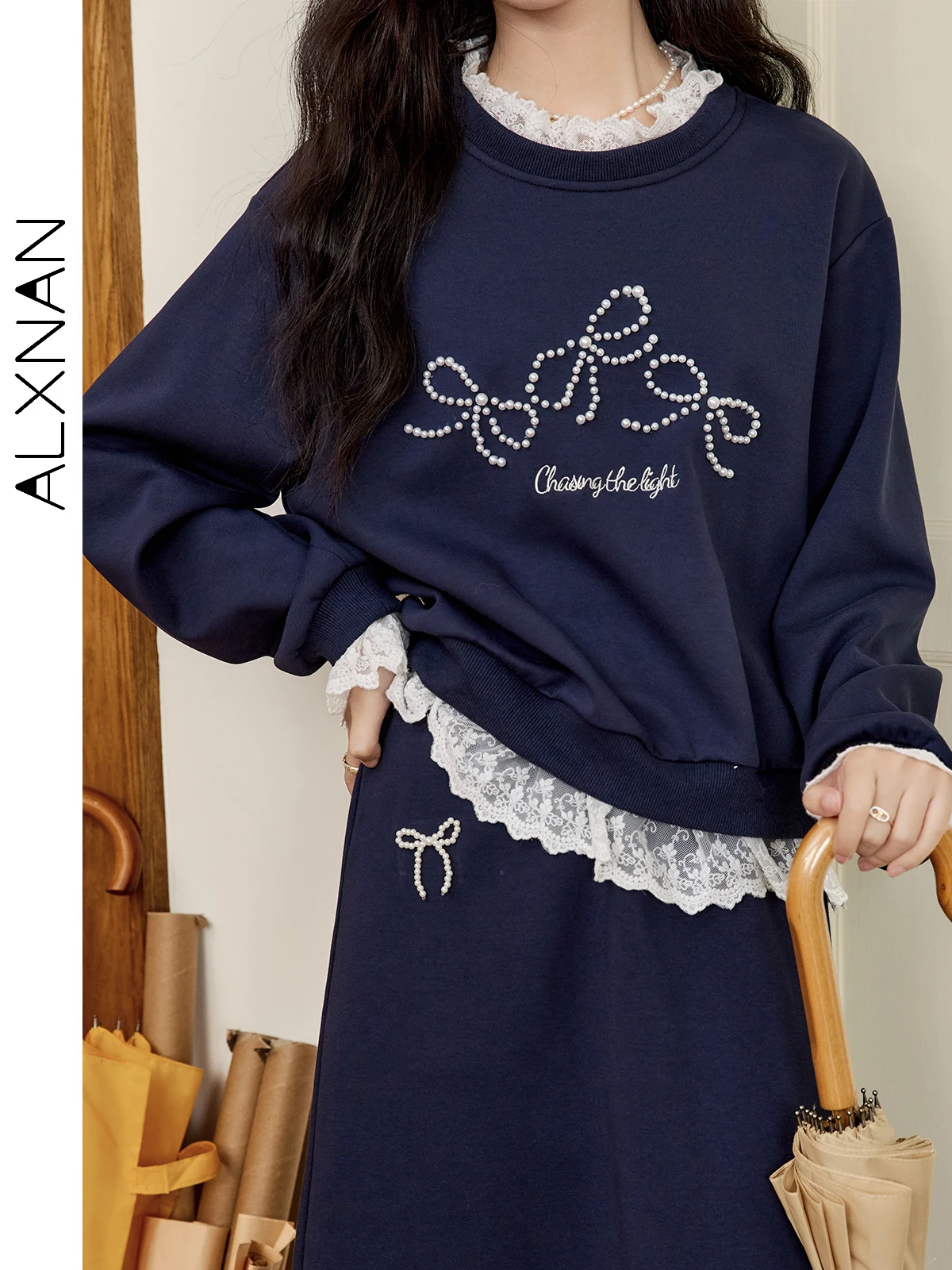 ALXNAN Dames Kant Patchwork Sweatshirts Zoete O-hals Drop Mouw Parel Strik 2024 Herfst Winter Truien Apart Verkocht L50835