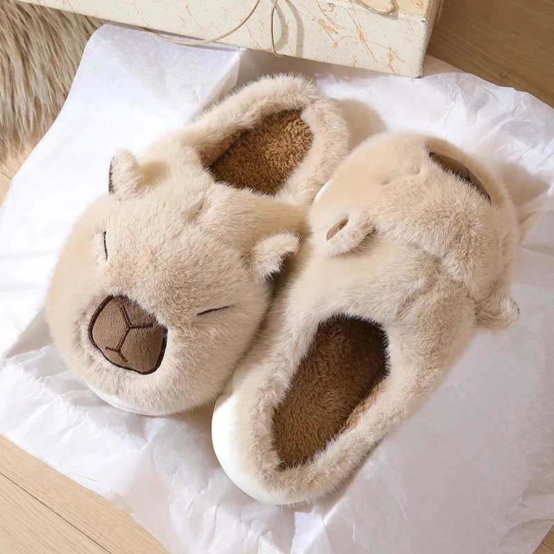 

Winter Couple's Soft Fur Capybara Slippers Warm Long Plush Chunky Platform Indoor Shoes Women Non-Slip Home Flats
