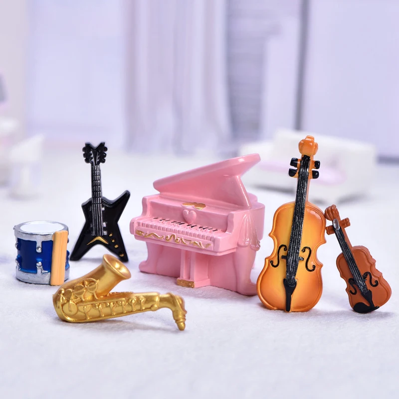 Miniatura Retro Instrumento Musical Modelo, Dollhouse Micro Paisagem Acessórios, Simulação Brinquedo, Piano Guitarra, Creative Desktop Decor