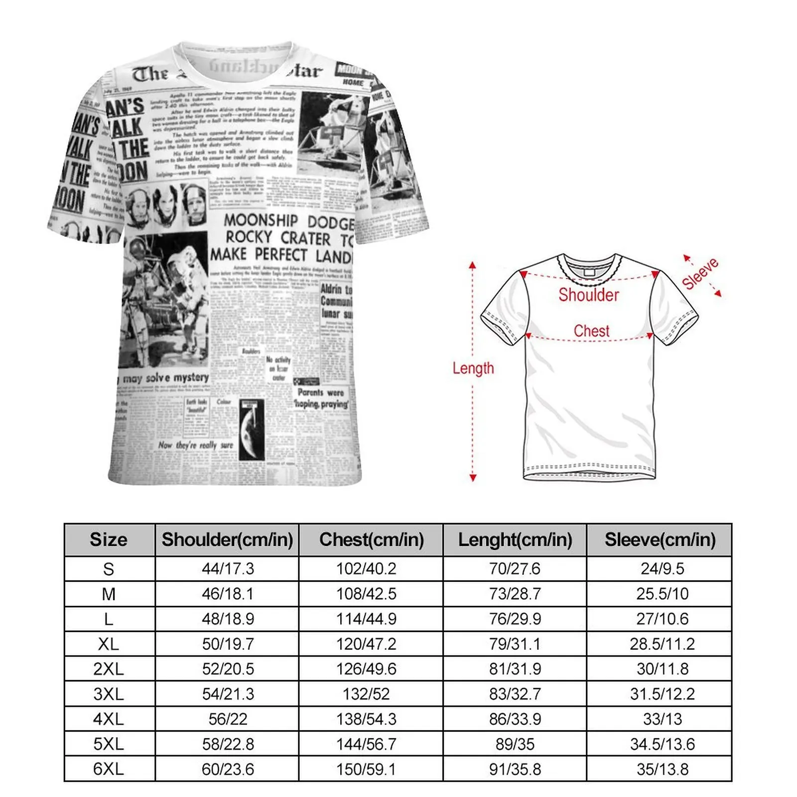 Mens Newspaper Headlines T Shirt Historic Moon Landing Fashion T Shirts Short-Sleeved Tshirt Original Funny Big Size Clothes
