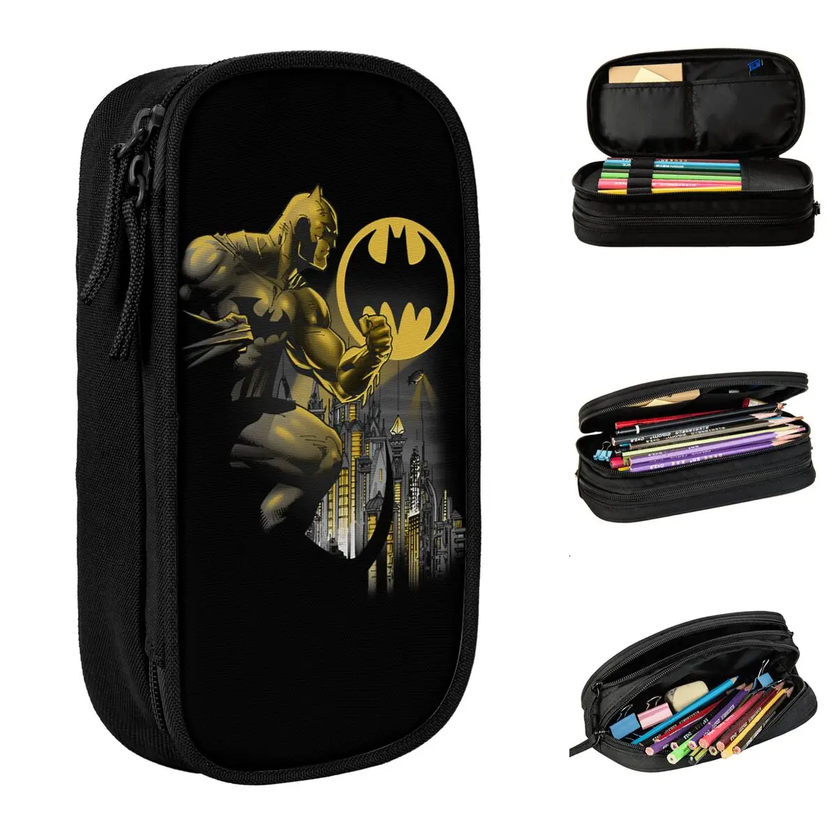 bated man bat signal pencil case caixa de caneta para menina e menino bolsa de armazenamento grande papelaria para escritorio presentes 01