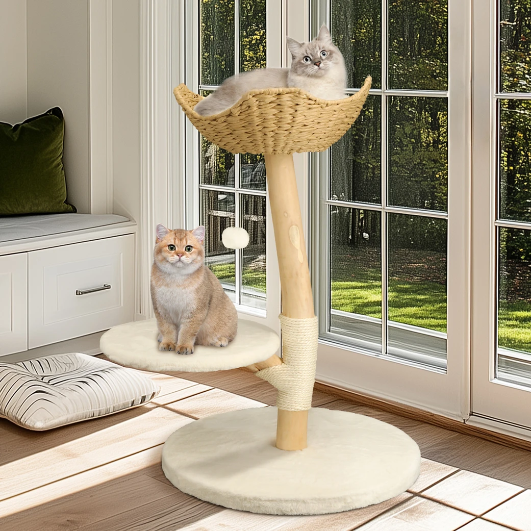 Heavy Duty Wooden Cat Tree Tower Scratching Post Branches Plush Cushion Perches Condo and Dangling Ball for Cats Play and Sleep