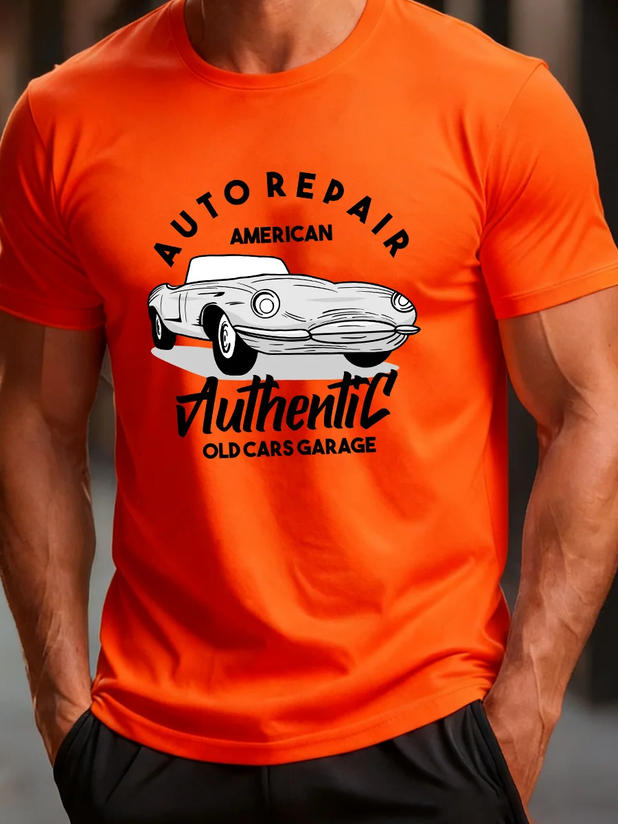 Camiseta naranja de manga corta con estampado de coche vintage "Auto Repair American Authentic Old Cars Garage"