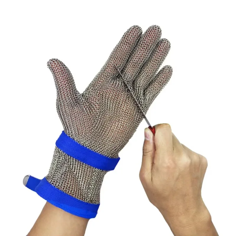 High-quality slaughterhouse food-grade chain anti-cut meat five-finger stainless steel ring metal mesh gloves