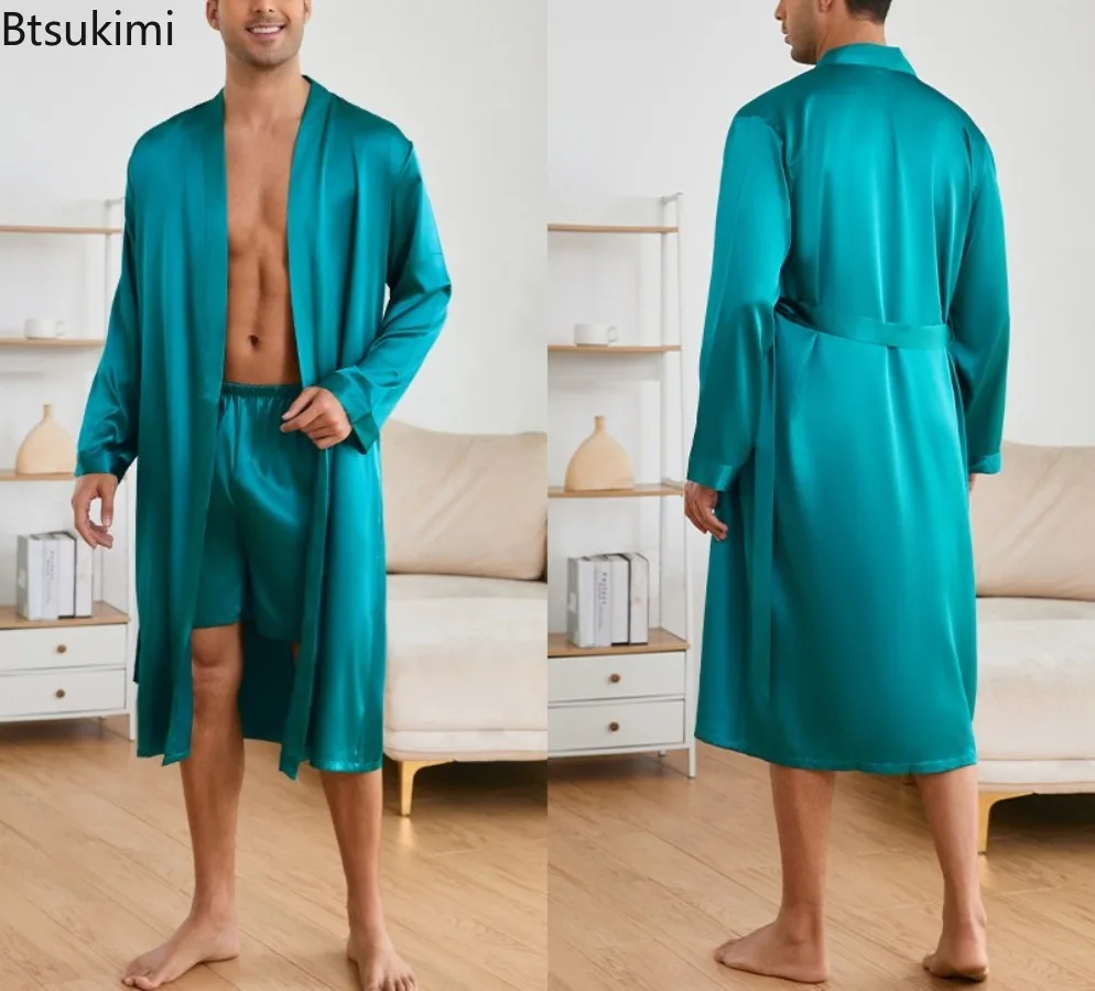 الصلبة ملابس المنزل البشاكير مجموعة الرجال حريري الساتان الرجال ملابس نوم فضفاضة اليابانية رجالي بيجامة مجموعة الصيف كيمونو السراويل منامة دعوى