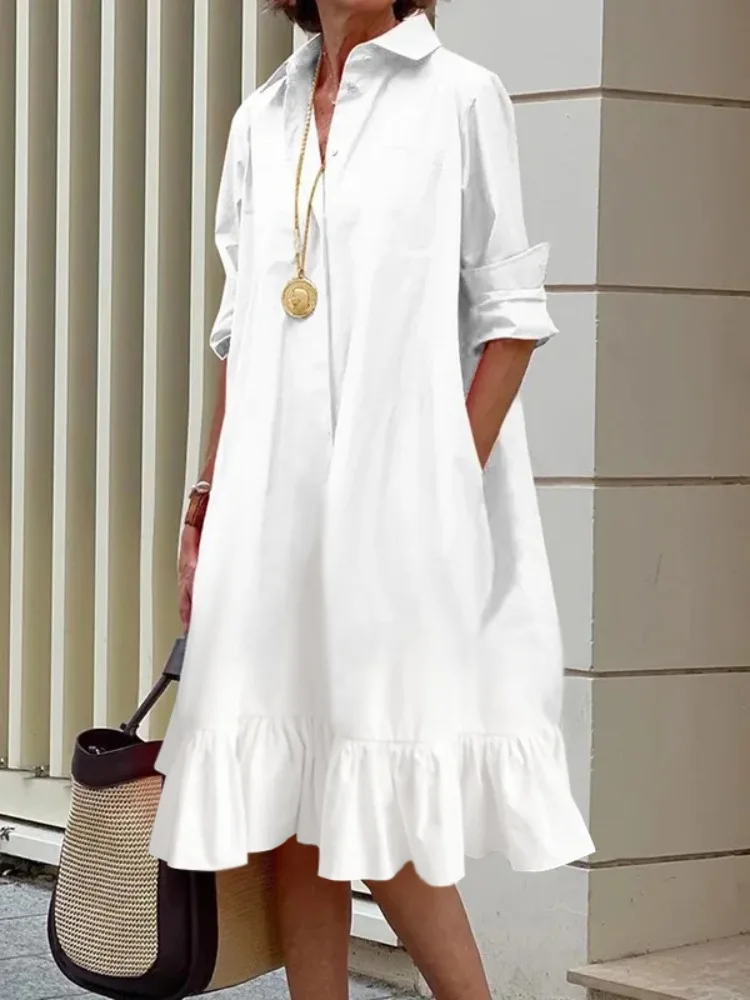 

Yeezzi 2024 New Female Fashion White Lapel Shirts Dress Spring Long Sleeves Loose Pleated Ruffled Elegant Evening Midi Dresses